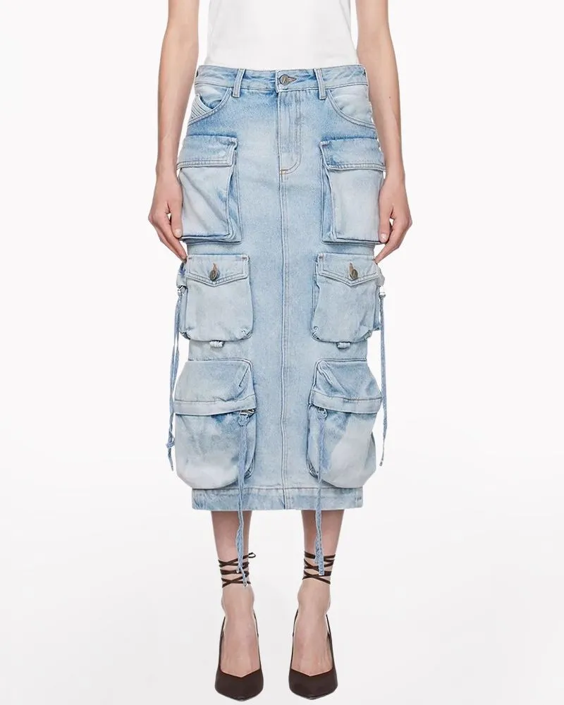 Oversize Pockets Denim Long Cargo Skirt