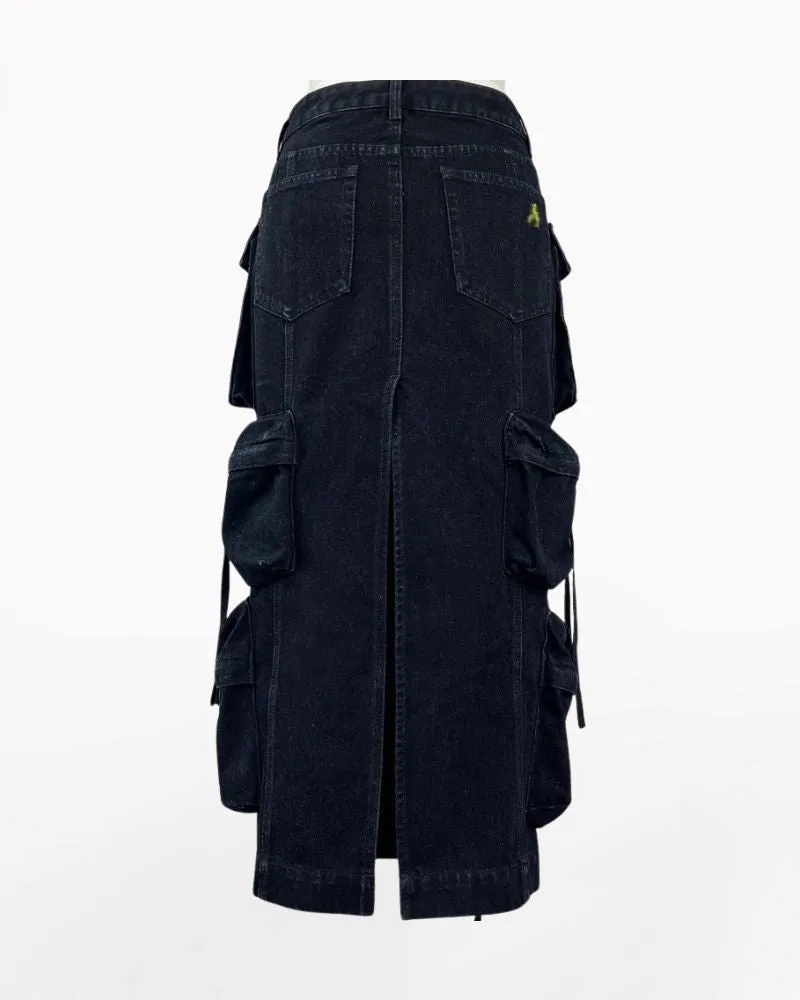 Oversize Pockets Denim Long Cargo Skirt