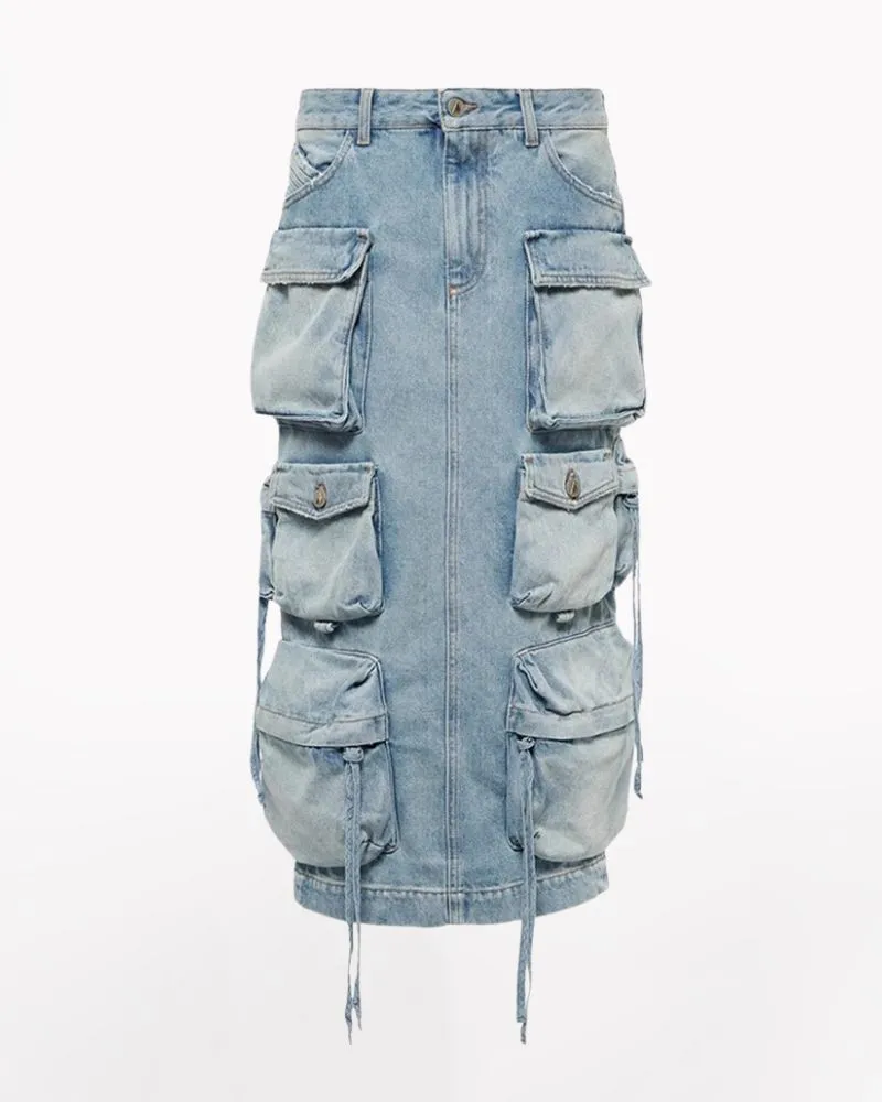Oversize Pockets Denim Long Cargo Skirt