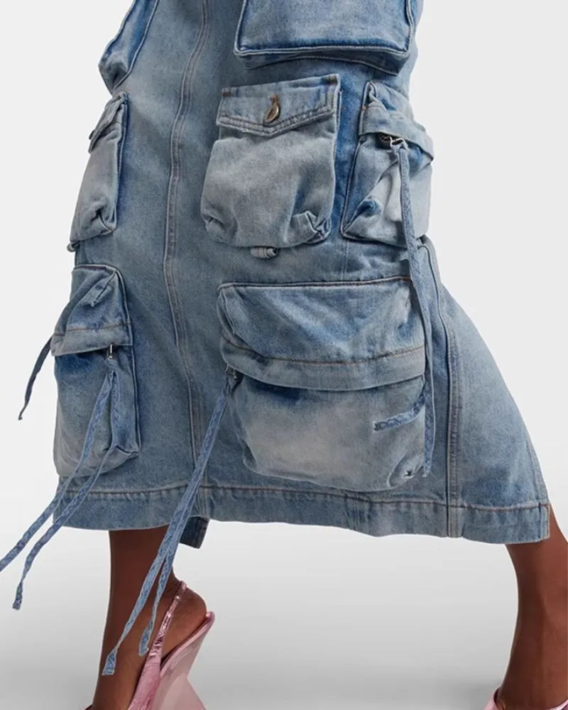 Oversize Pockets Denim Long Cargo Skirt