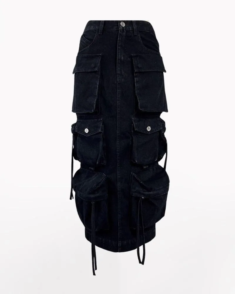 Oversize Pockets Denim Long Cargo Skirt
