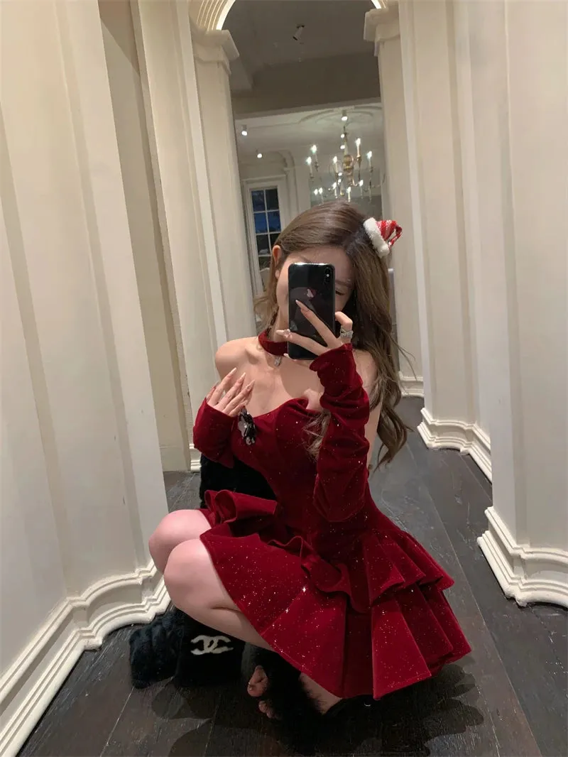 TAVIMART  -  Sweet Hot Girl Sequin Velvet Evening Dress For Women'S Autumn And Winter Slim Fit Strapless A-Line Dress Fashion Female Clothes
