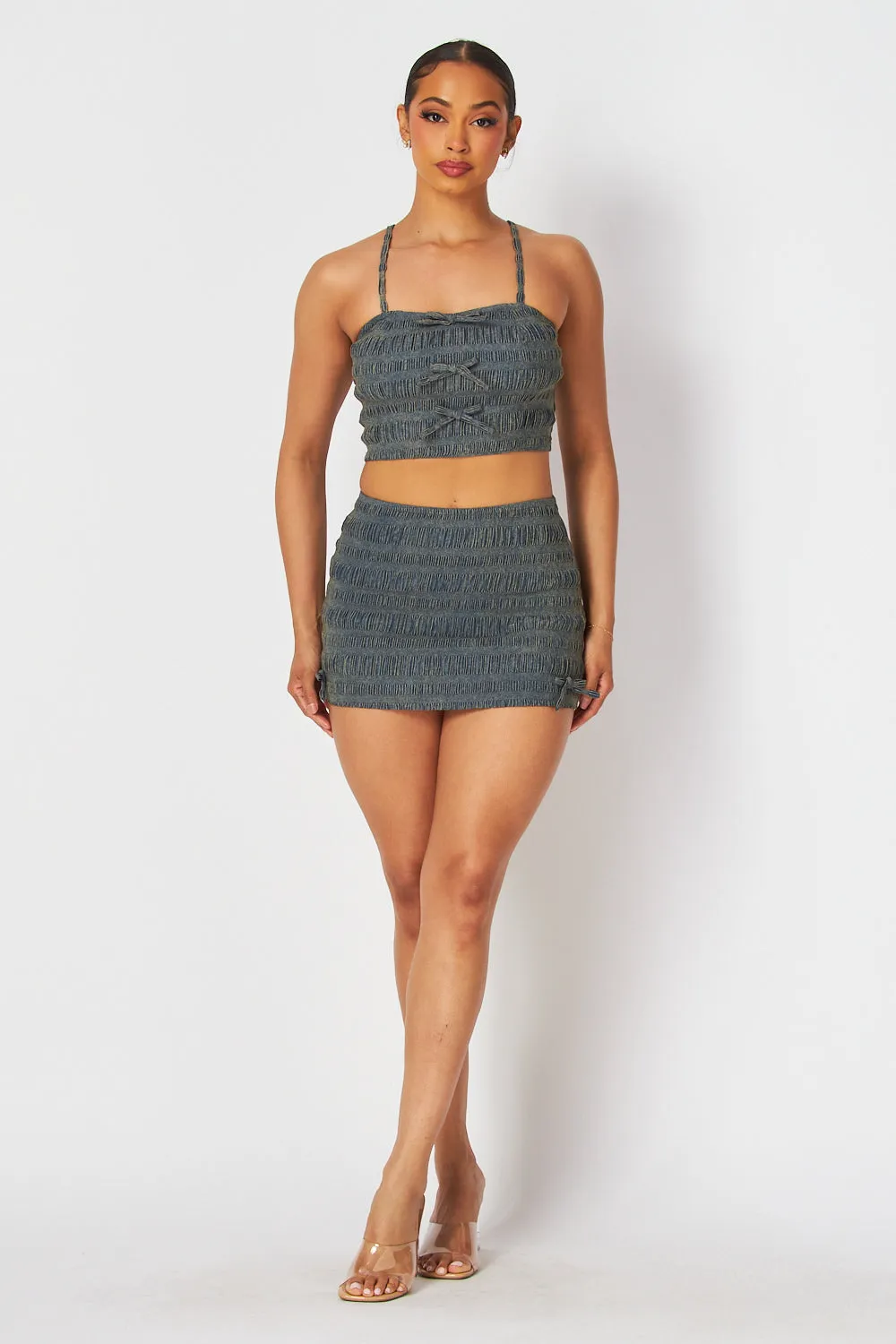 Tessa Smocked Denim Finish Crop Top & Skirt Set