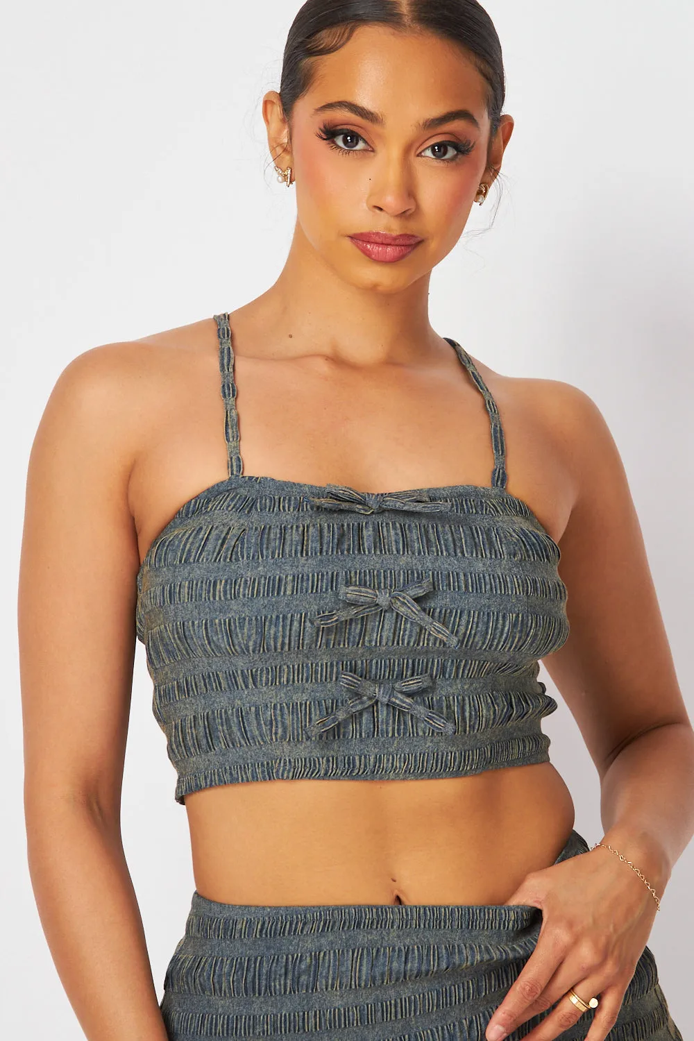 Tessa Smocked Denim Finish Crop Top & Skirt Set