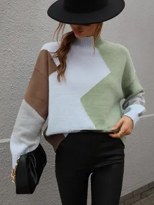Wenkouban Fall Winter Turtleneck Pullover Women Fashion Colorblock Knitted Sweater Casual Loose Vintage Knitwear Female Long Sleeve Jumper