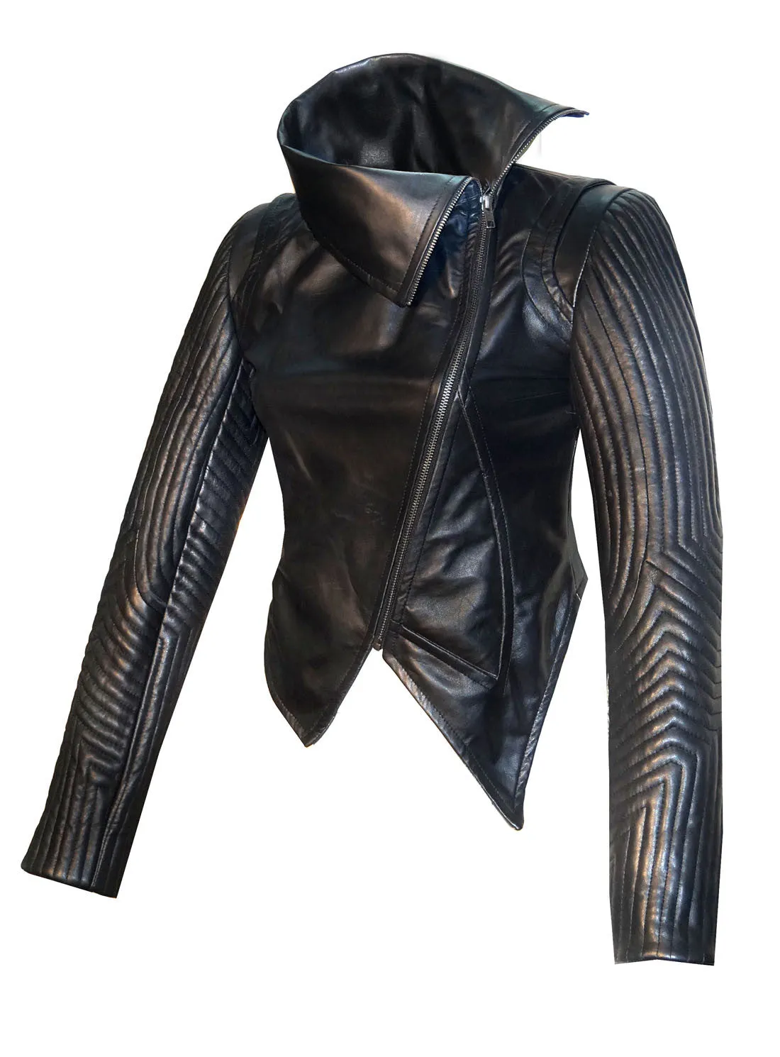 Women Leather Asymmetrical Soft Leather Jacket Multi Quilted Sleeve
