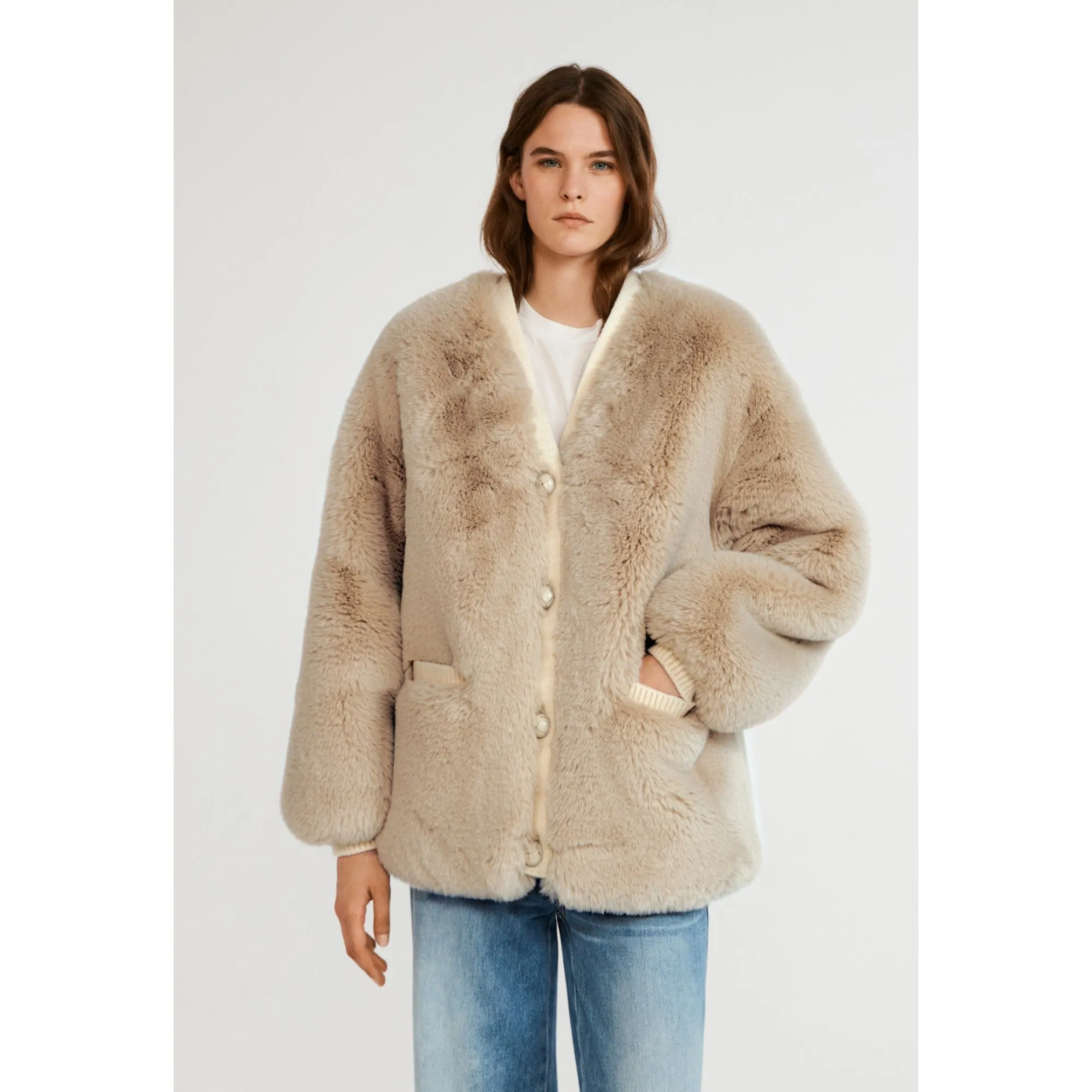 Women Short Coat - Beige Marble