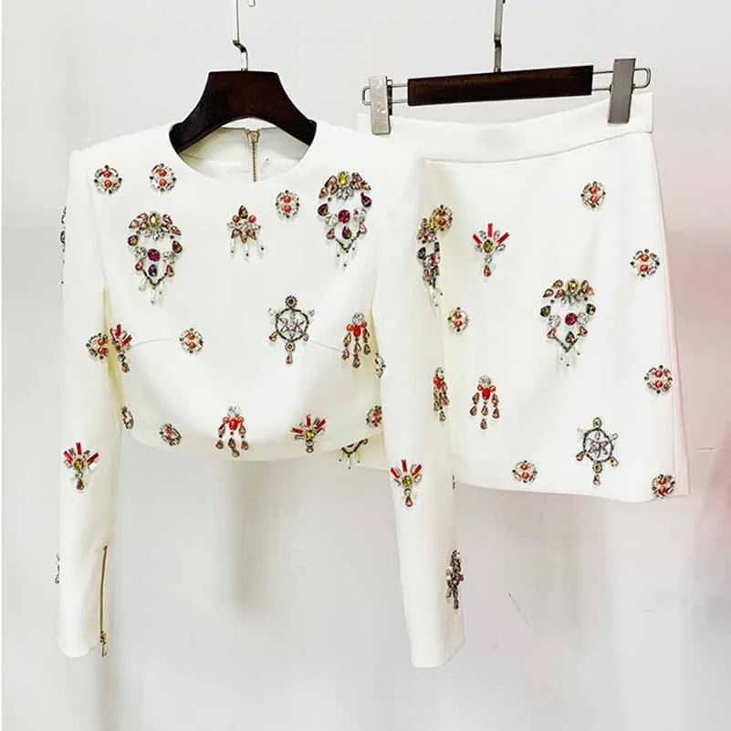 Women's Formal Skirt Suit Fitted nail bead diamond Short Crop Jacket   Mini Skirt Suit