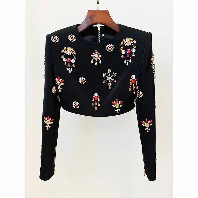 Women's Formal Skirt Suit Fitted nail bead diamond Short Crop Jacket   Mini Skirt Suit