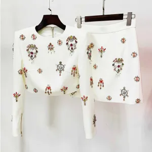 Women's Formal Skirt Suit Fitted nail bead diamond Short Crop Jacket   Mini Skirt Suit