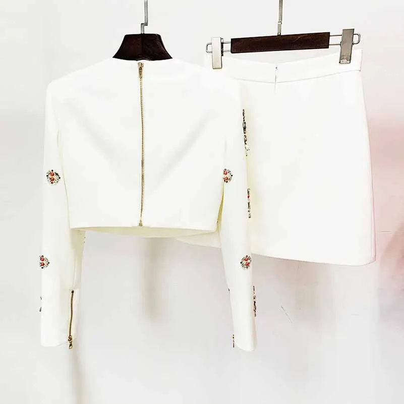 Women's Formal Skirt Suit Fitted nail bead diamond Short Crop Jacket   Mini Skirt Suit