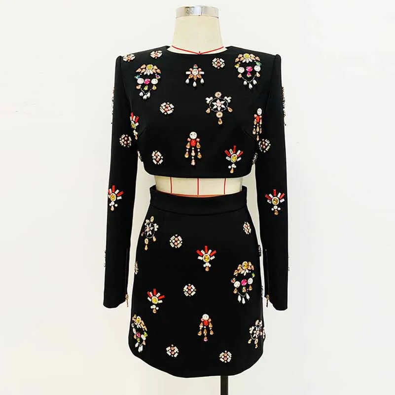 Women's Formal Skirt Suit Fitted nail bead diamond Short Crop Jacket   Mini Skirt Suit