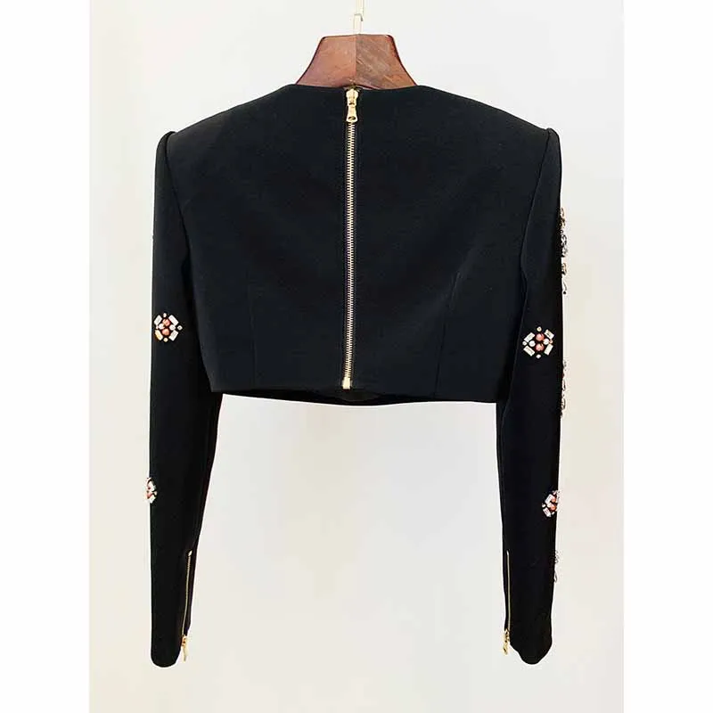 Women's Formal Skirt Suit Fitted nail bead diamond Short Crop Jacket   Mini Skirt Suit
