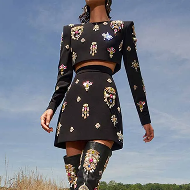 Women's Formal Skirt Suit Fitted nail bead diamond Short Crop Jacket   Mini Skirt Suit